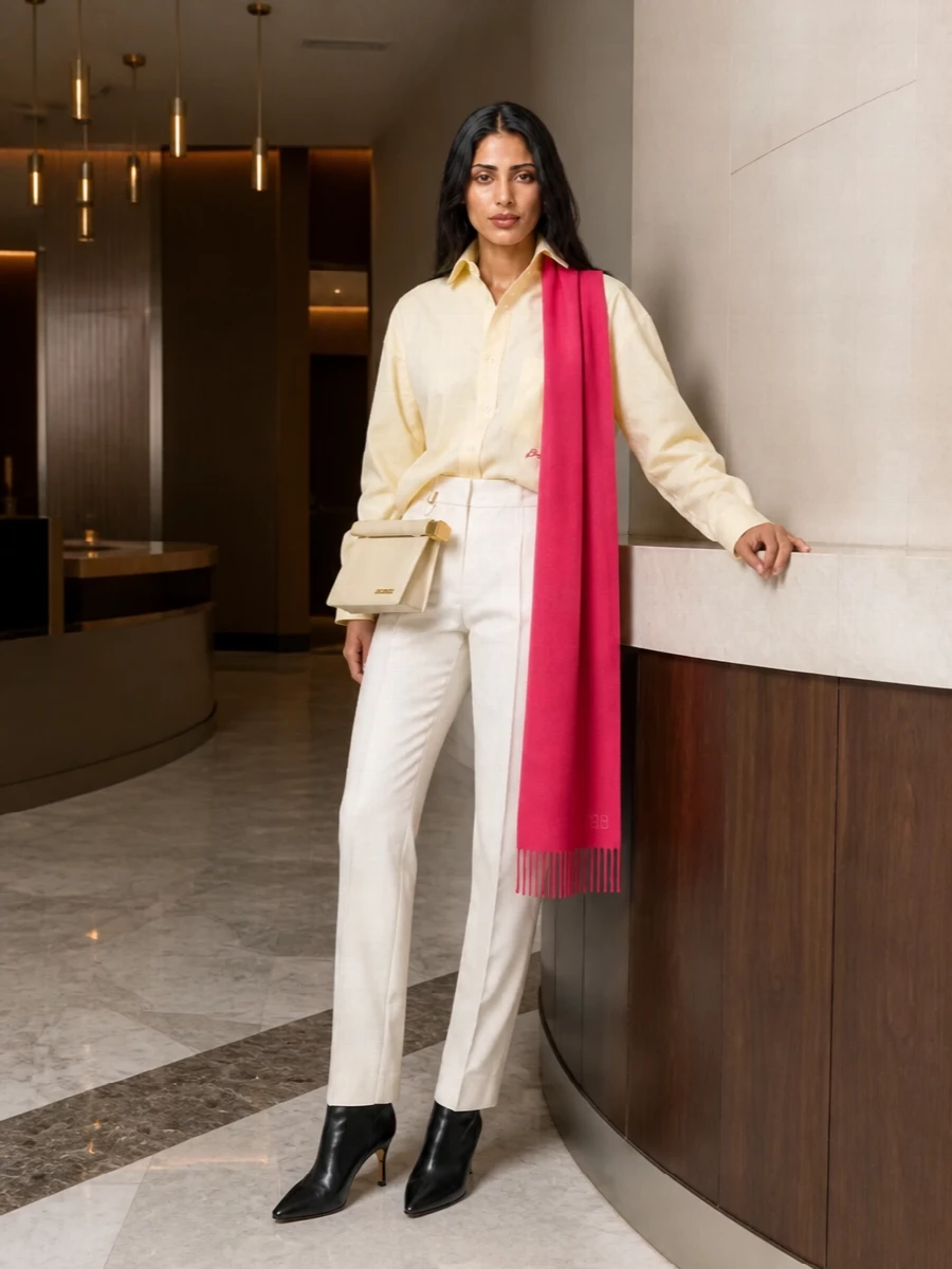 A pale yellow asymmetric shirt slips into slim ivory tailoring for a refined, tonal base with a subtle architectural twist. Black pointed boots ground the softness with a precise edge, while a butter-cream shoulder bag and raspberry scarf pick up the shirt’s details without overwhelming the clean lines.