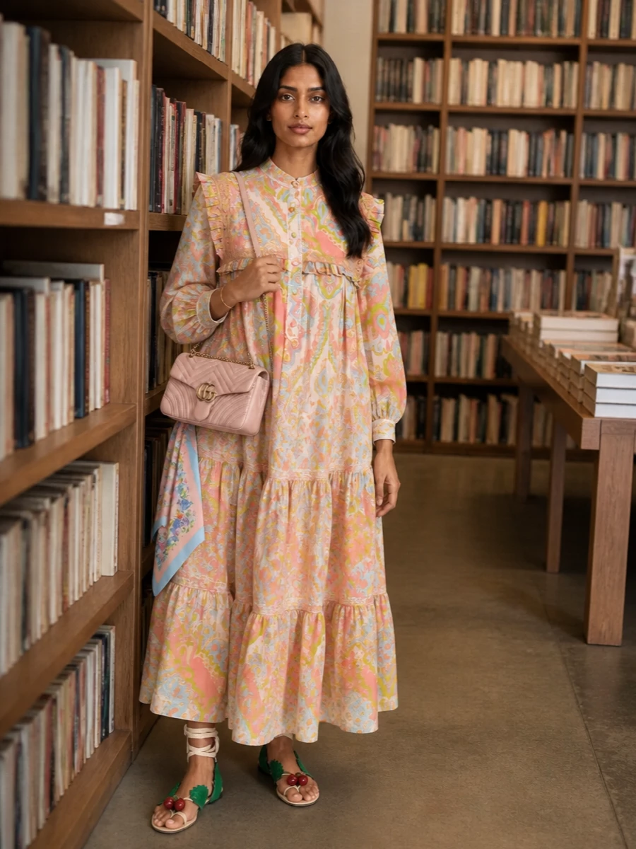 A tiered floral Gucci maxi drifts around the body while playful Valentino cherry-wrap sandals keep the mood grounded in the garden. A dusty-blush Gucci flap bag brings just enough structure and shine, with a slim gold cuff and floral silk scarf adding a gentle, storybook finish.