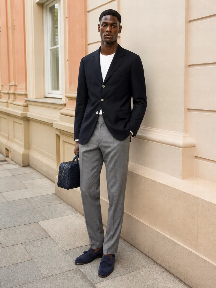 Brunello cucinelli navy pinstripe blazer outfit