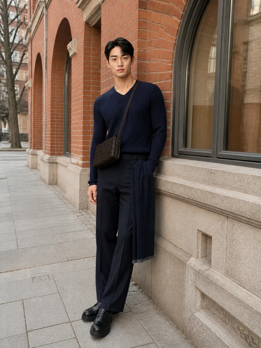 Balenciaga navy ribbed sweater tailored trousers