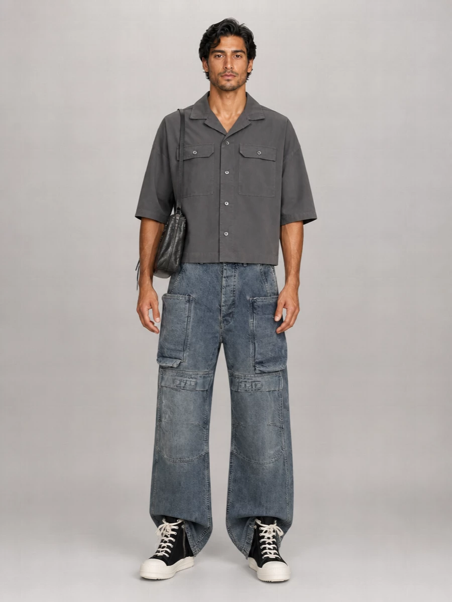 Rick Owens Drkshdw Denim Low-Rise Wide-Leg Cargo Pants