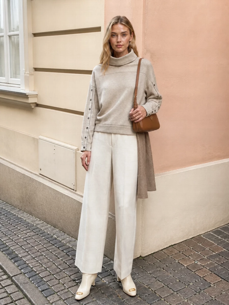 Brunello cucinelli sweater ivory trousers outfit