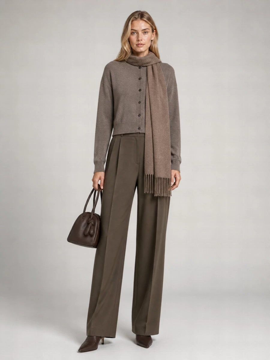 A taupe Jacquemus knit paired with fluid high-waisted trousers in an earthy olive-brown creates a long, quiet column of neutrals. Deep chocolate knee boots and a matching structured bag ground the palette and sharpen the mood. The result is a softly tailored outfit suited to city days that slide into dinner, in a language of muted texture rather than overt statement.