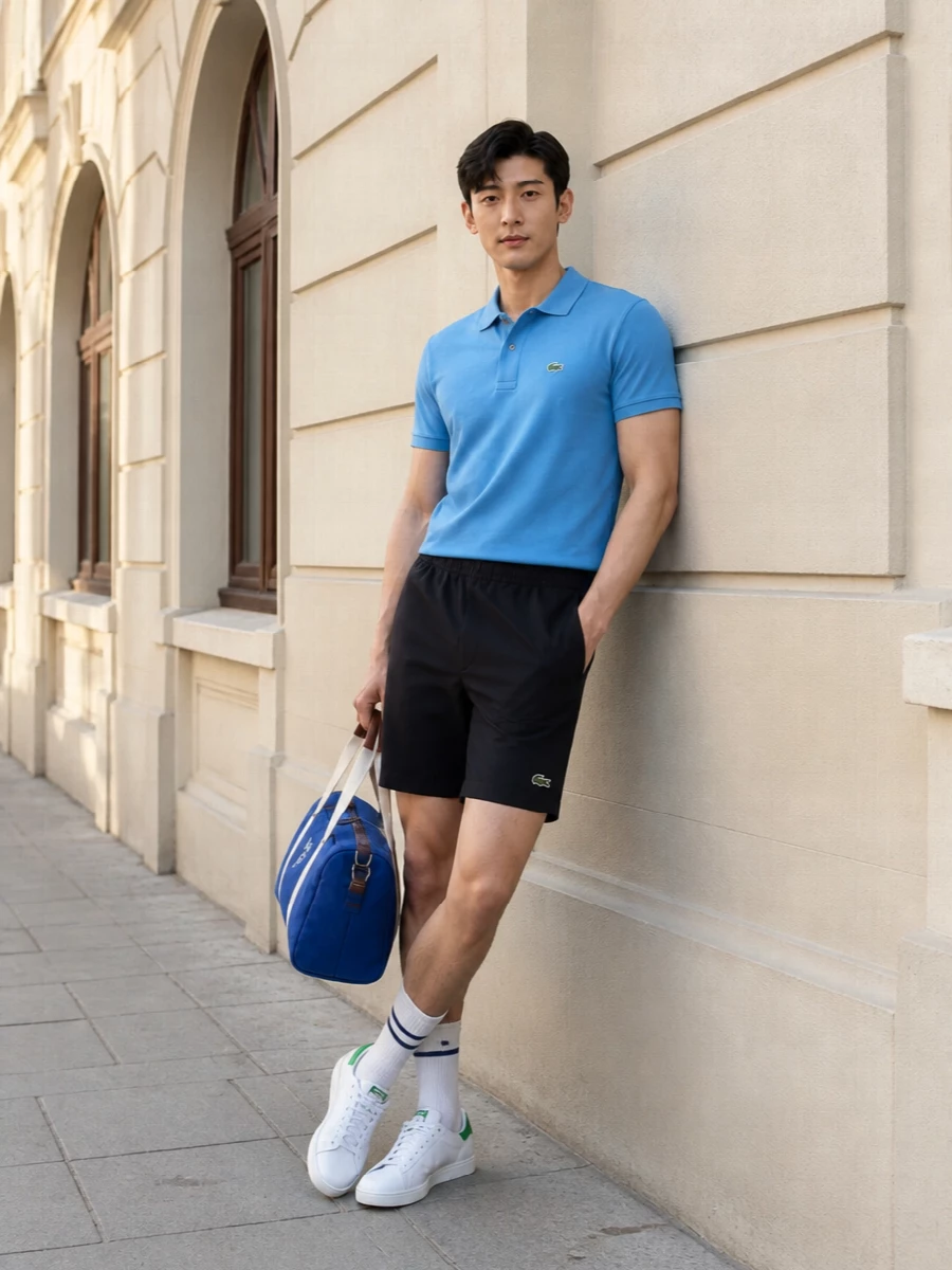 Lacoste polo navy shorts adidas white sneakers