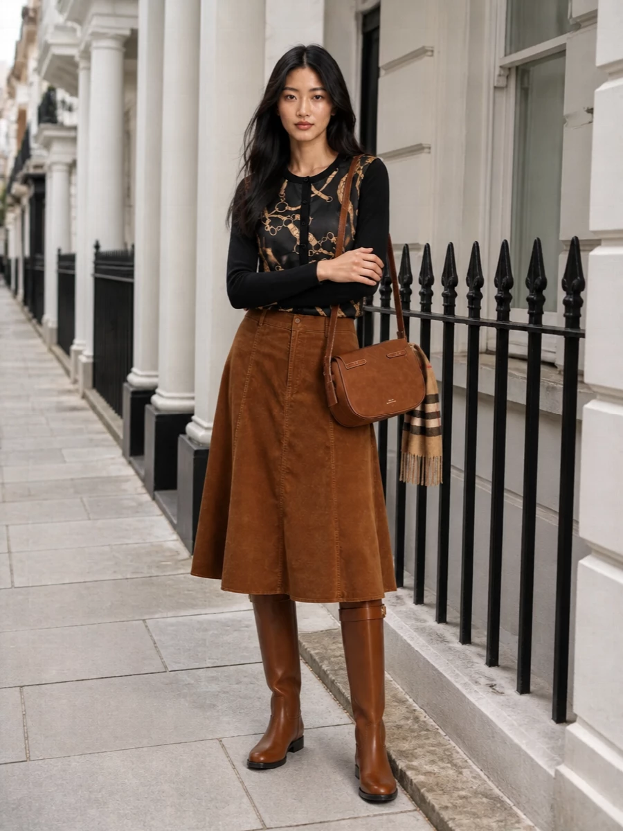 The chain-print cardigan sits over a caramel corduroy midi, cinched visually with cognac riding boots for a clean, elongated line. A tan and chocolate saddle bag and camel-toned scarf pick up the equestrian palette, keeping the whole outfit in a polished, heritage-preppy register suitable for smart days in the city or country.