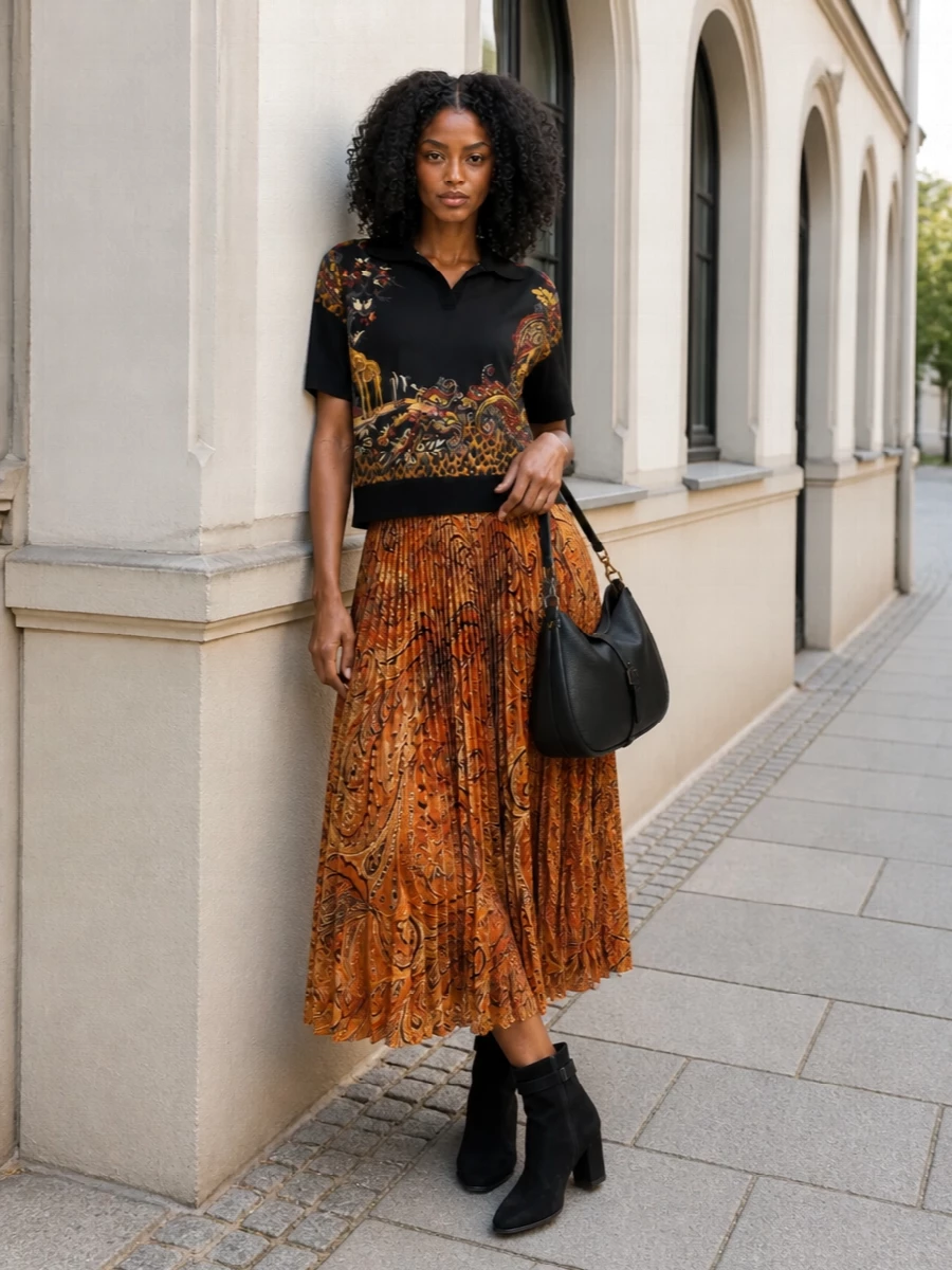 Etro paisley knit polo pleated midi outfit