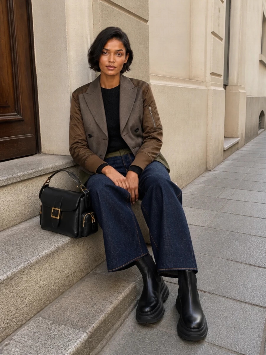 Sacai blazer wide leg jeans platform boots