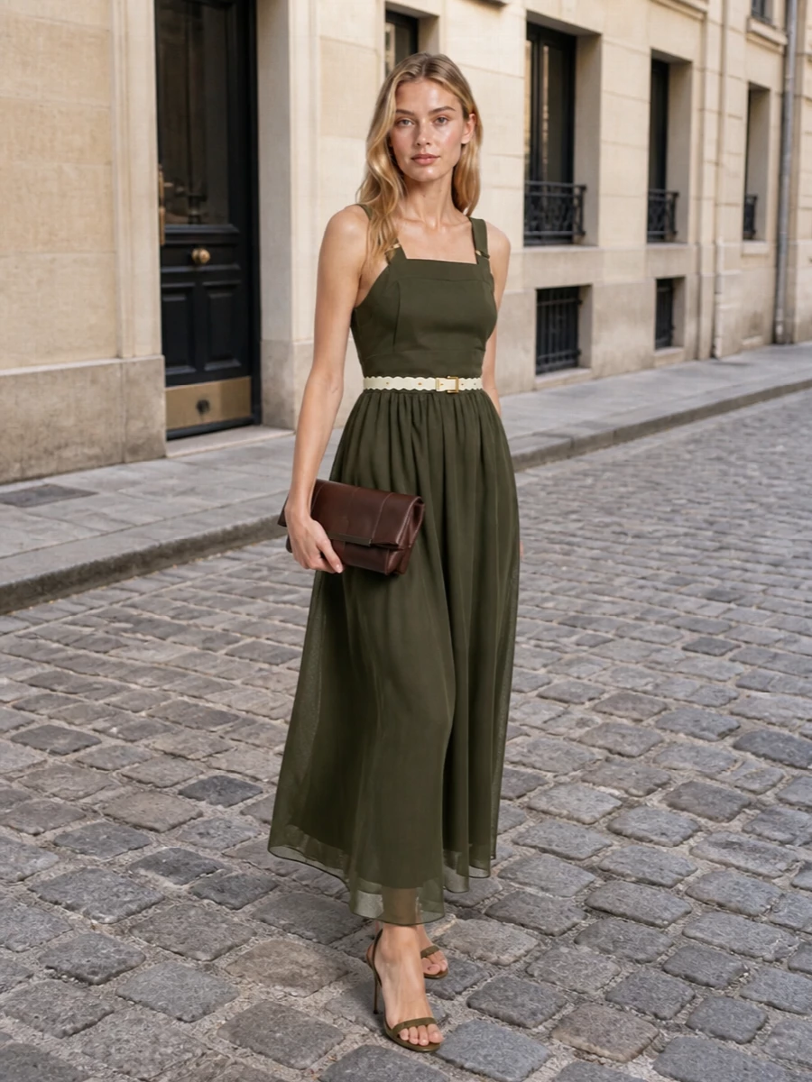 Max mara olive maxi dress fendi waist belt