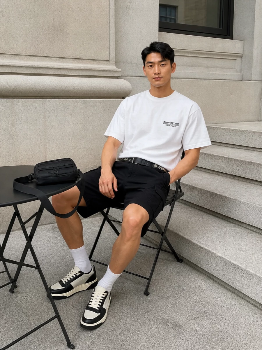 Carhartt cargo shorts white tee sneakers