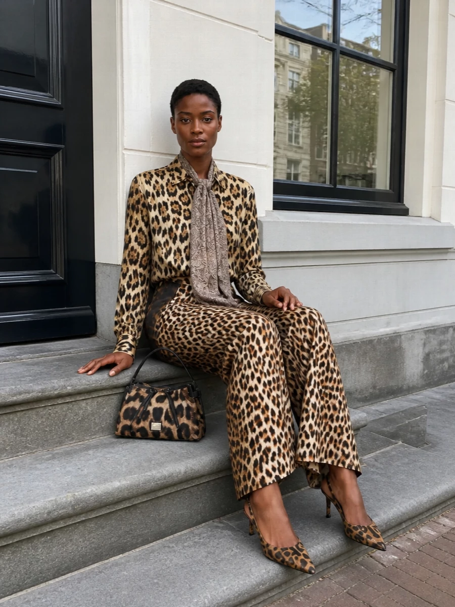 Roberto cavalli leopard shirt wide leg pants outfit