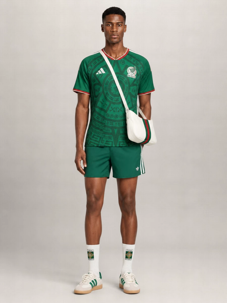 This is pure terrace energy, built around the Mexico jersey and grounded in matching green sport shorts for a clean, athletic base. Cream and green trainers keep the color story tight and retro, while the Gucci crossbody adds just enough luxury sign-off without breaking the football-fan spirit. It is an easy, confident way to go from match day to city streets without changing a thing.