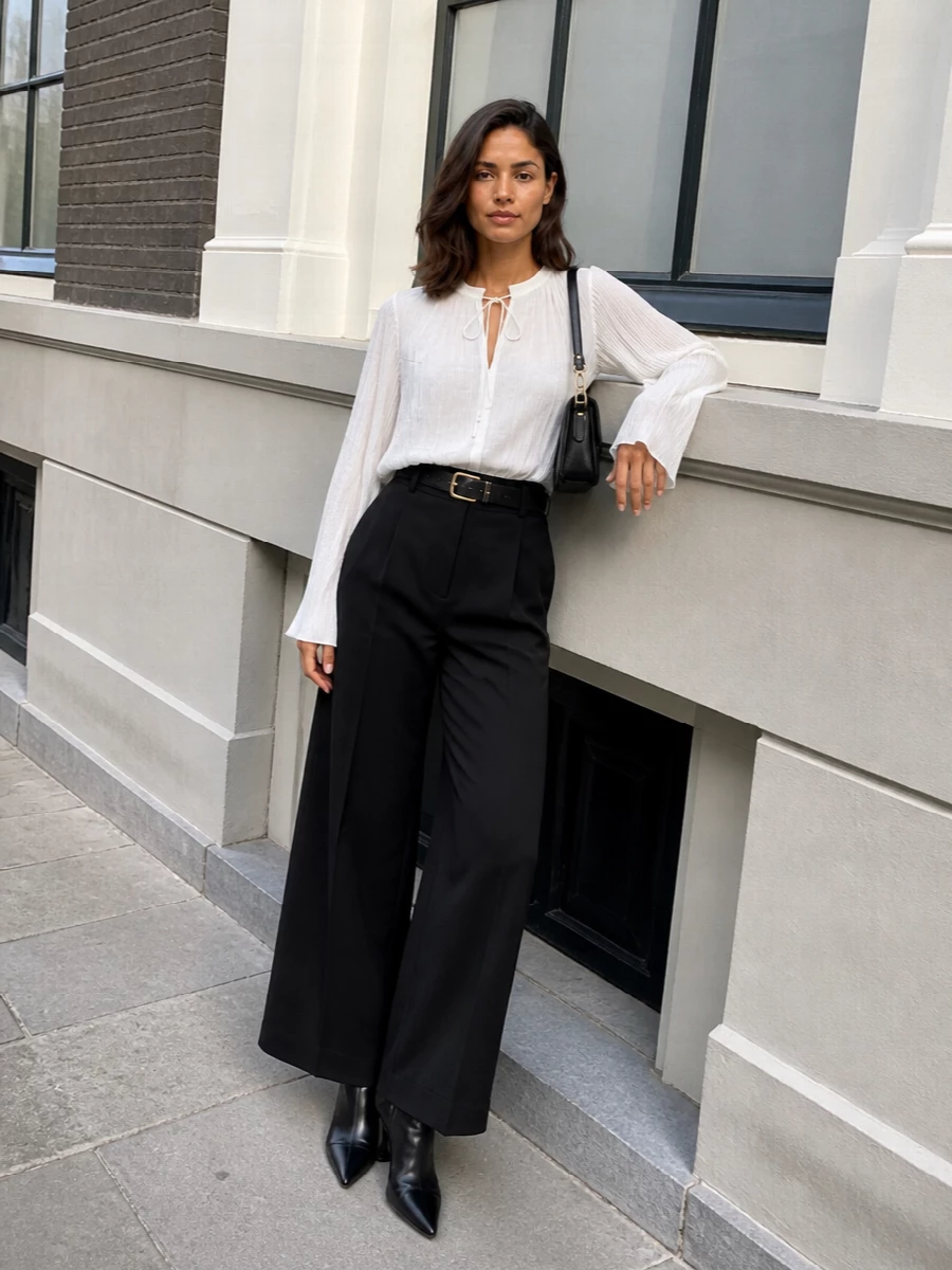 Lanvin’s black wide-leg trouser meets a sheer, floaty white blouse for a graphic black-and-white pairing that reads precise rather than pretty, with the high waist and soft volume creating a long, balanced line. Pointed black ankle boots extend the silhouette and keep the mood decisively polished, while a structured mini shoulder bag and slim gold-buckled belt add just enough metal to signal quiet confidence from desk through late dinner. The result is a modern, minimal ensemble that feels composed, feminine and assured without a single unnecessary detail.