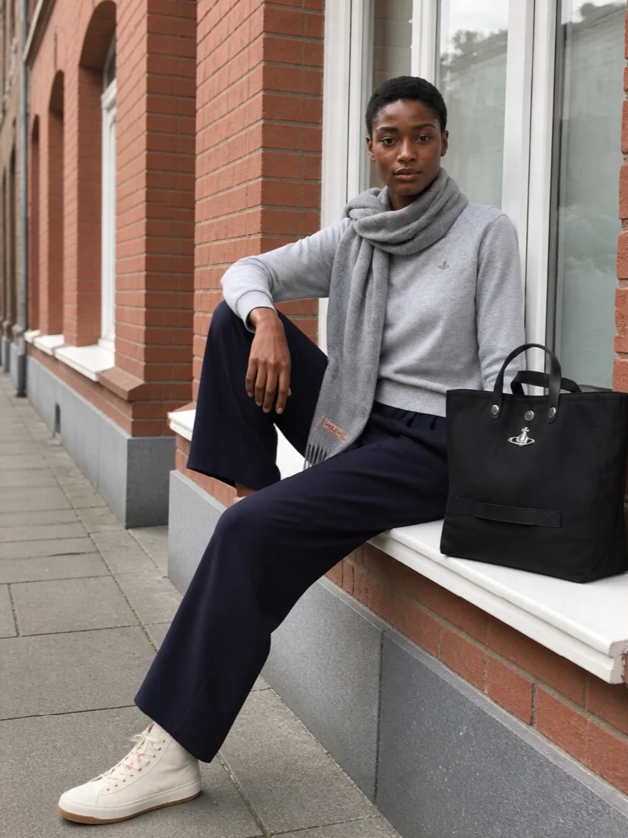 Vivienne westwood sweatshirt navy trousers outfit