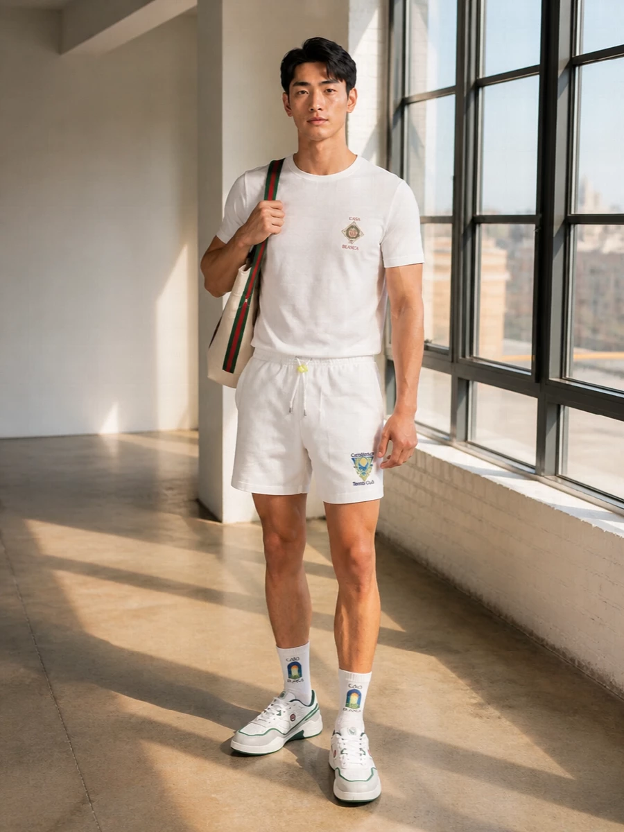 A crisp country-club energy built around clean whites and subtle crests, this outfit leans into Casablanca’s tennis story without feeling costume. The tailored tee and shorts keep the silhouette sharp, while retro court sneakers and a graphic canvas tote take it from baseline to city terrace in one move.