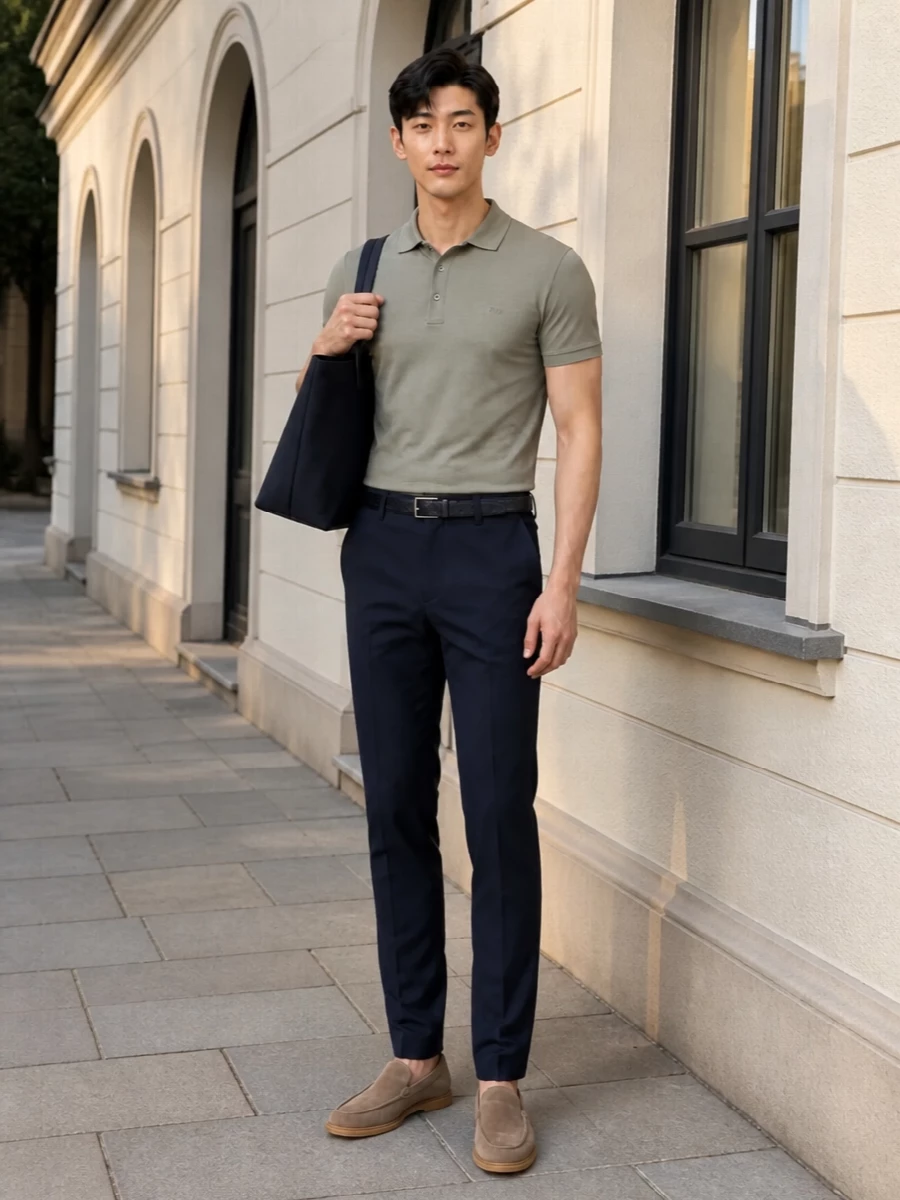 Taupe and navy keep this outfit calm and put together, with the Fay polo sitting cleanly over sharp chinos. Suede Tod’s loafers refine the mood without feeling formal, while a structured navy tote and matching belt add discreet coordination. It is an easy uniform for warm city days when you want to look considered but relaxed.