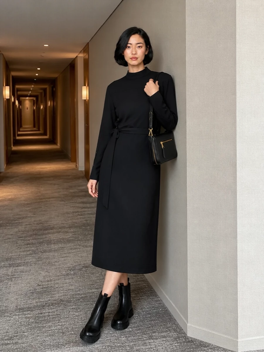 This pairing leans into a clean, urban black column anchored by the functional Chelsea boots and The Row’s precise shirt dress. The tie waist and midi length keep the silhouette sharp yet easy to move in, while the Tod’s shoulder bag adds just enough structure for office, gallery or dinner. I chose the dress route over separates to maintain a seamless line that really lets the boots read as the grounded, utilitarian counterpoint to a refined, almost monastic dress mood.