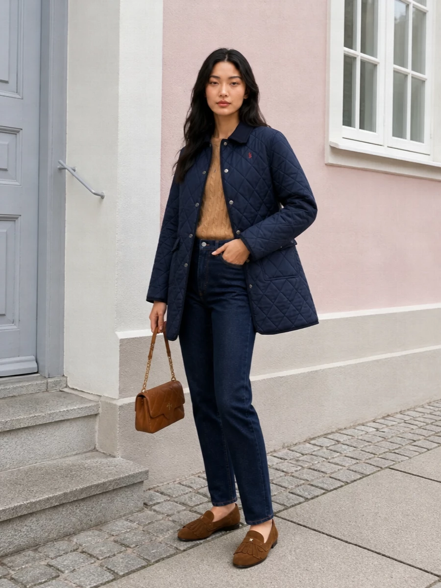 Ralph lauren quilted coat dark jeans camel knit