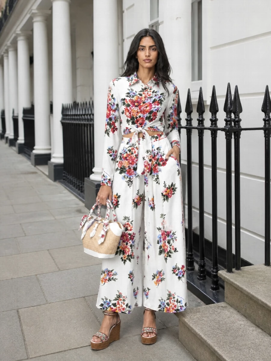Dolce gabbana floral wide leg pants crop shirt outfit