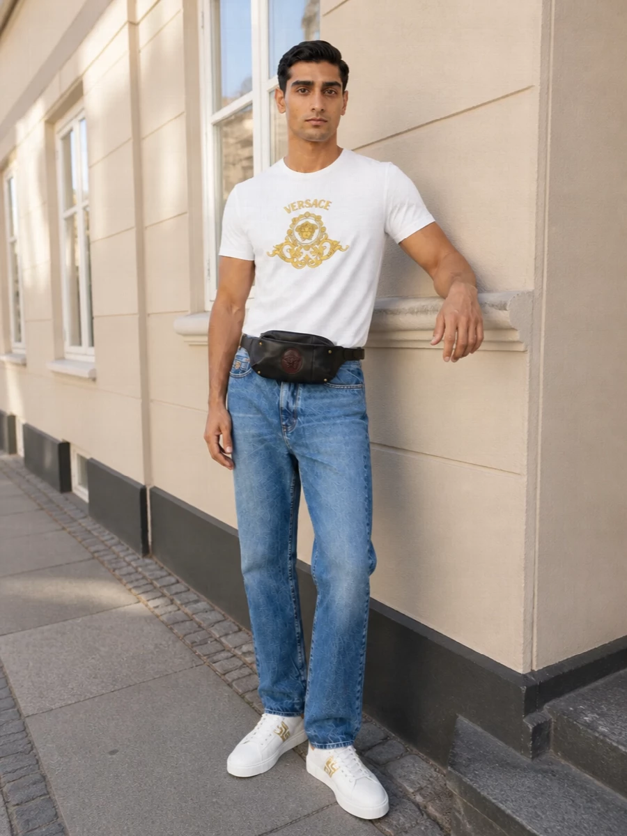 Versace white gold sneakers tee jeans outfit