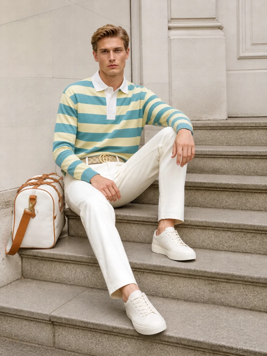 Gucci striped rugby polo ivory trousers outfit