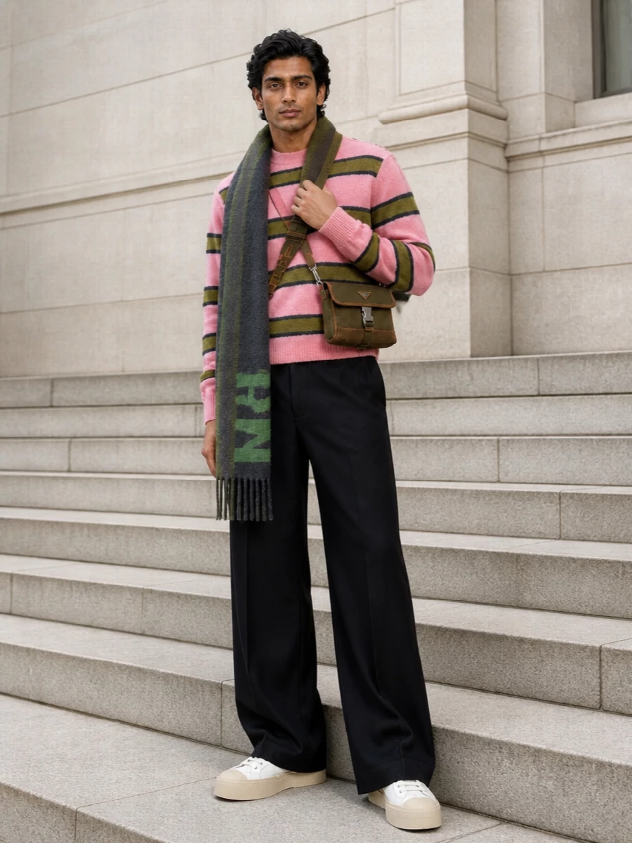 Marni striped sweater wide leg trousers outfit