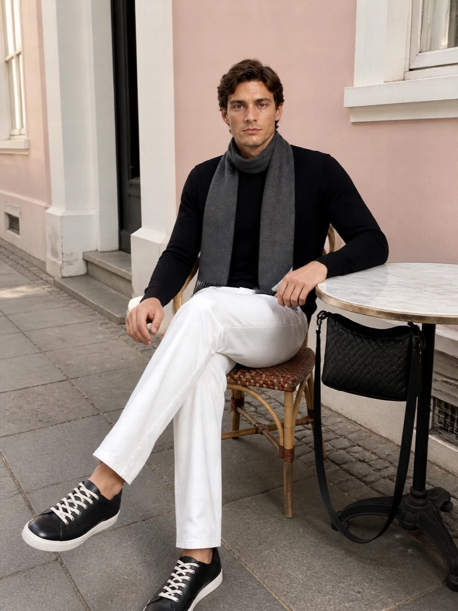 Deep black and crisp off-white create a clean, graphic base that feels precise without being formal. The straight-leg denim keeps the line relaxed, while the leather sneaker and refined crossbody hold the mood in a discreetly luxurious place. A charcoal scarf ties the darker elements together for a quietly composed winter uniform.