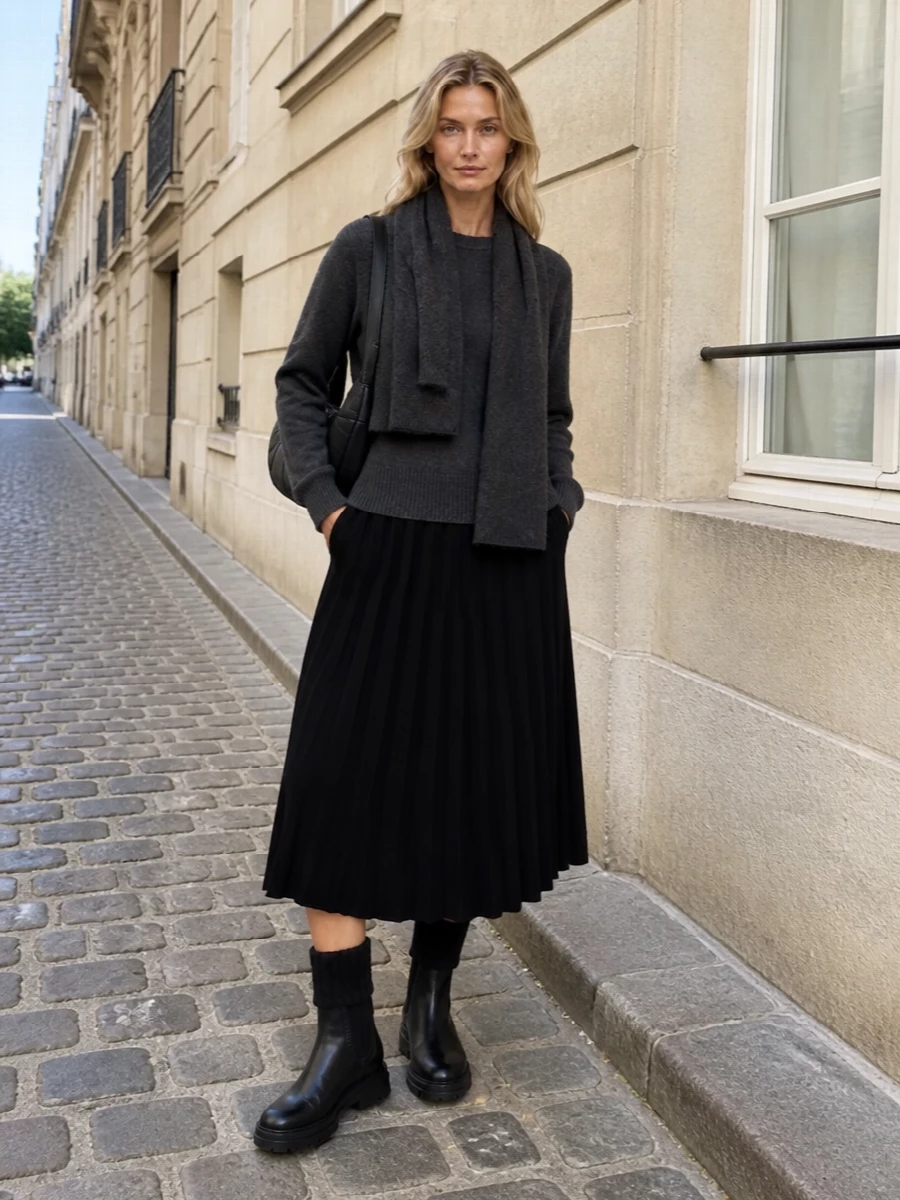Lisa yang charcoal sweater black midi skirt outfit