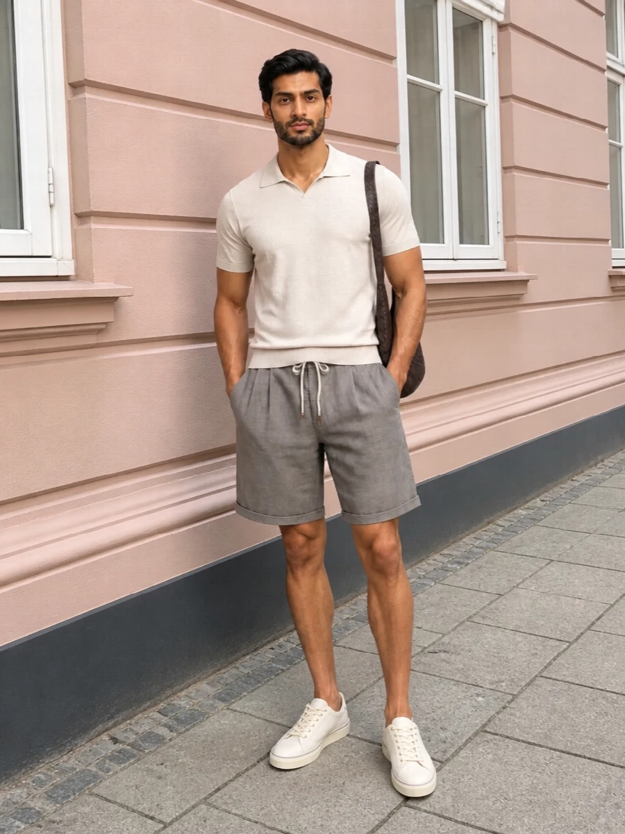 Mens tailored drawstring shorts knit polo outfit