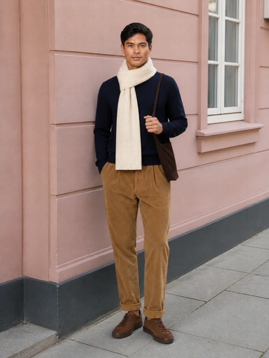 Woolrich navy sweater camel cords tods sneakers