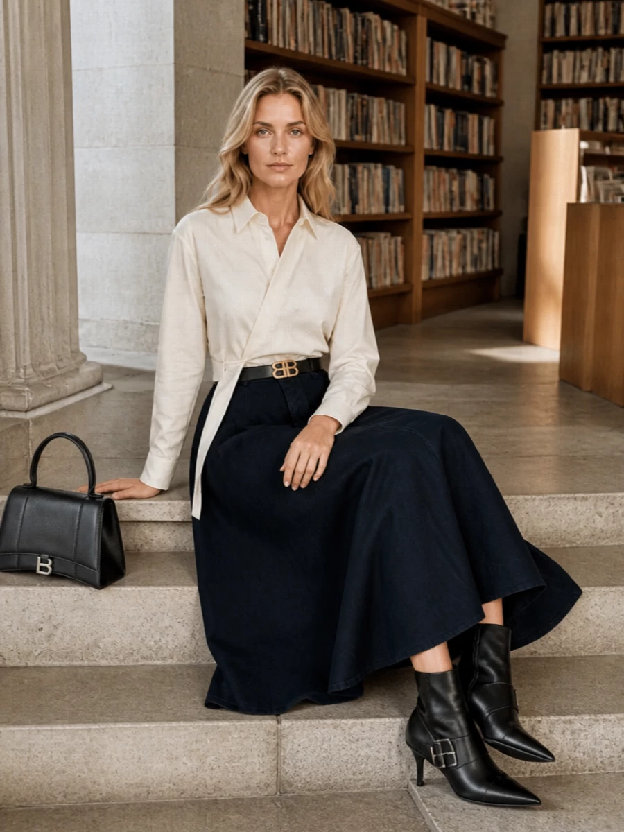 Balenciaga navy midi skirt white shirt outfit