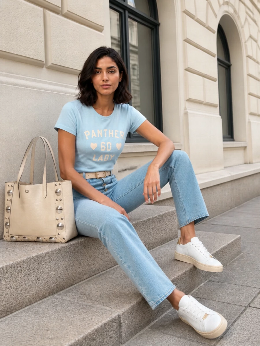 Valentino tee high rise jeans white sneakers