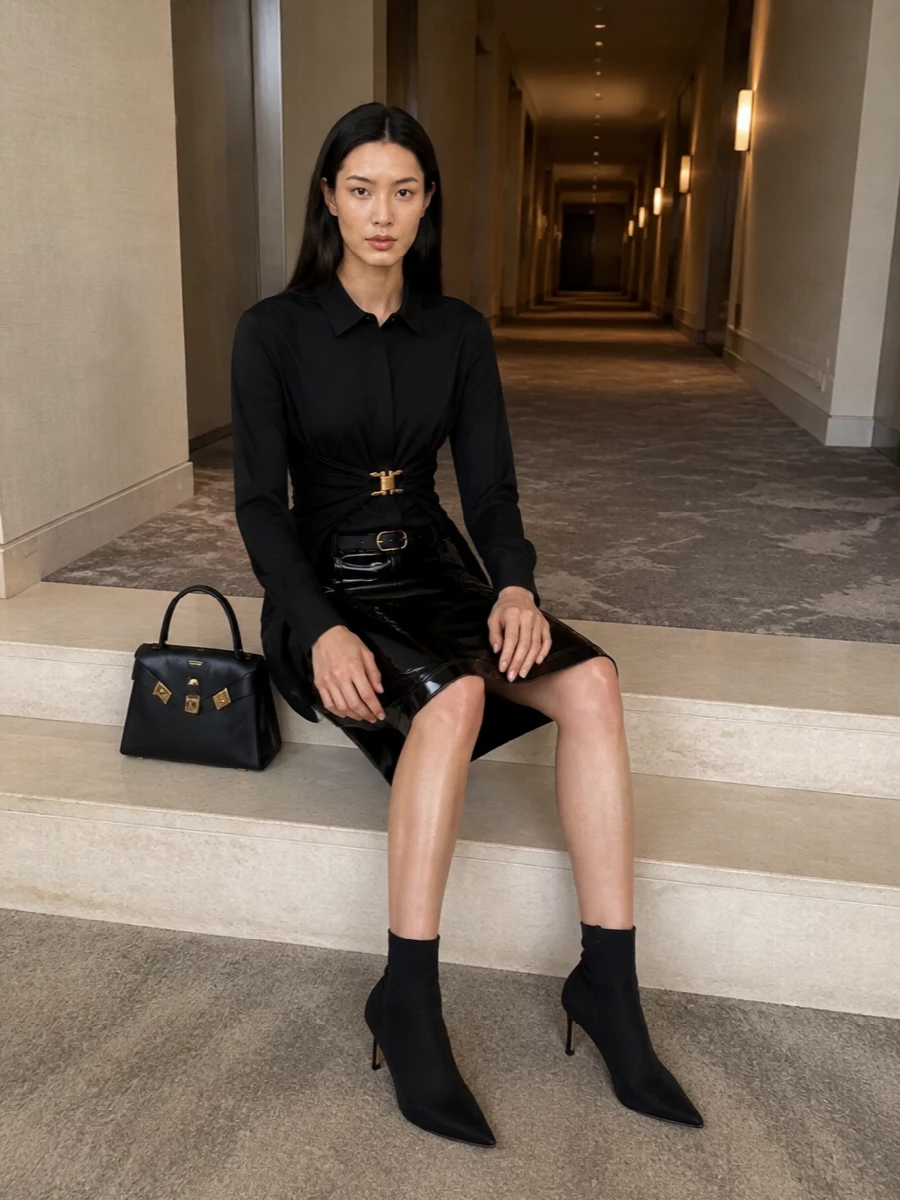 Ferragamo black pencil skirt waist shirt outfit