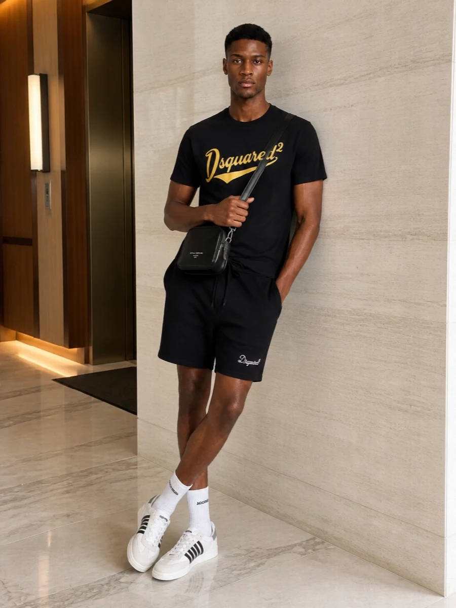 Dsquared2 black logo t shirt outfit shorts