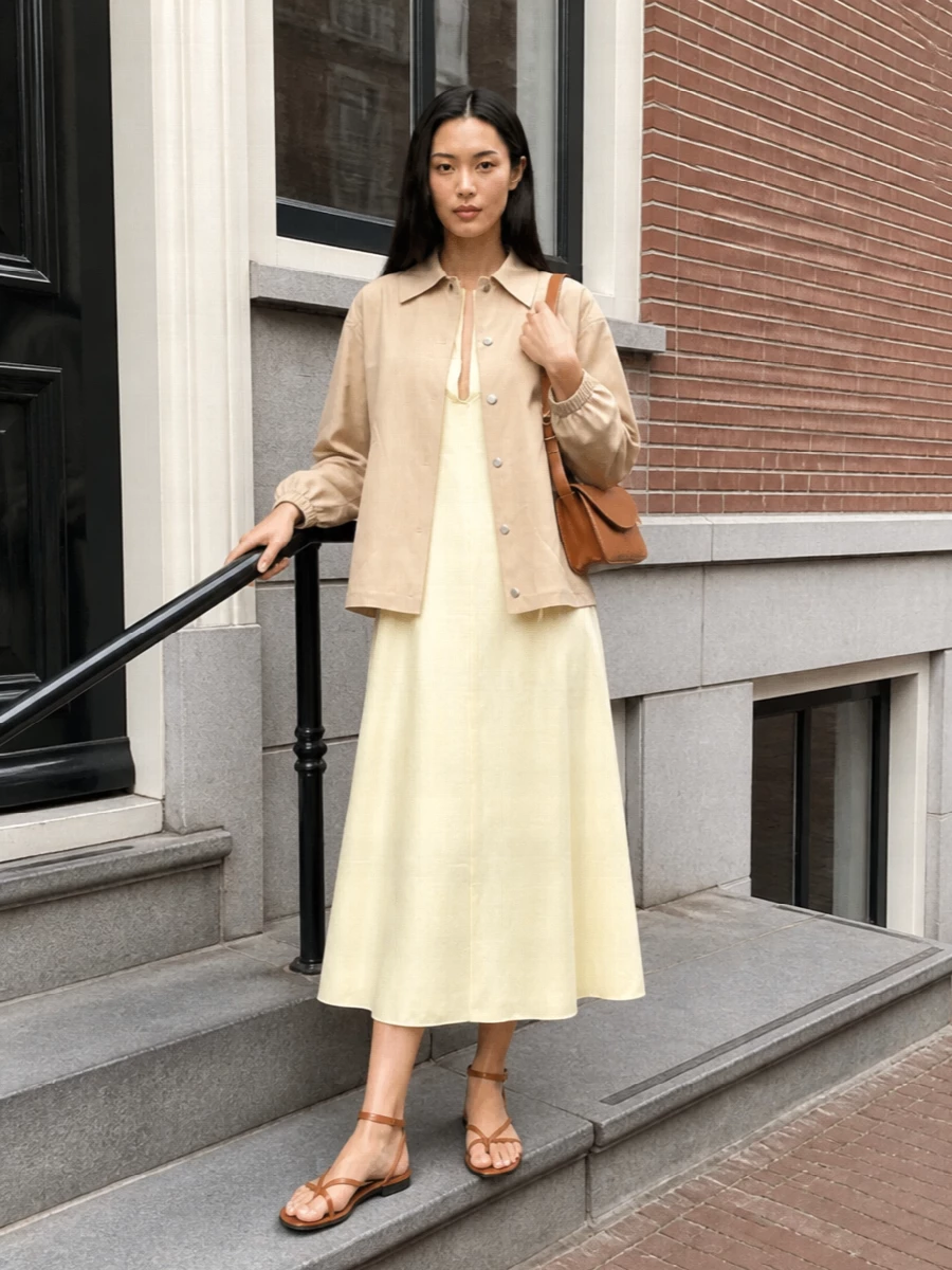 Jil sander beige jacket yellow midi dress outfit