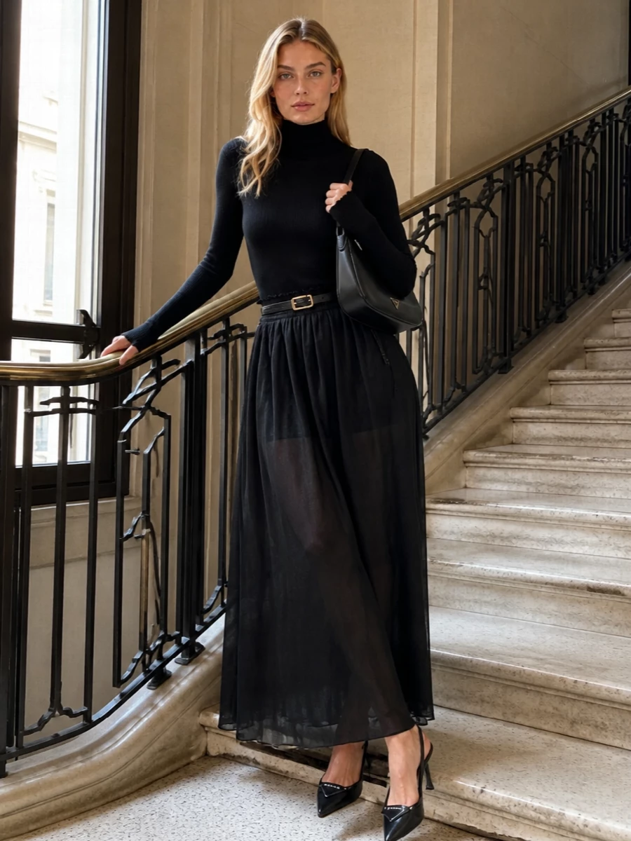 Prada black sheer maxi skirt slim knit slingbacks