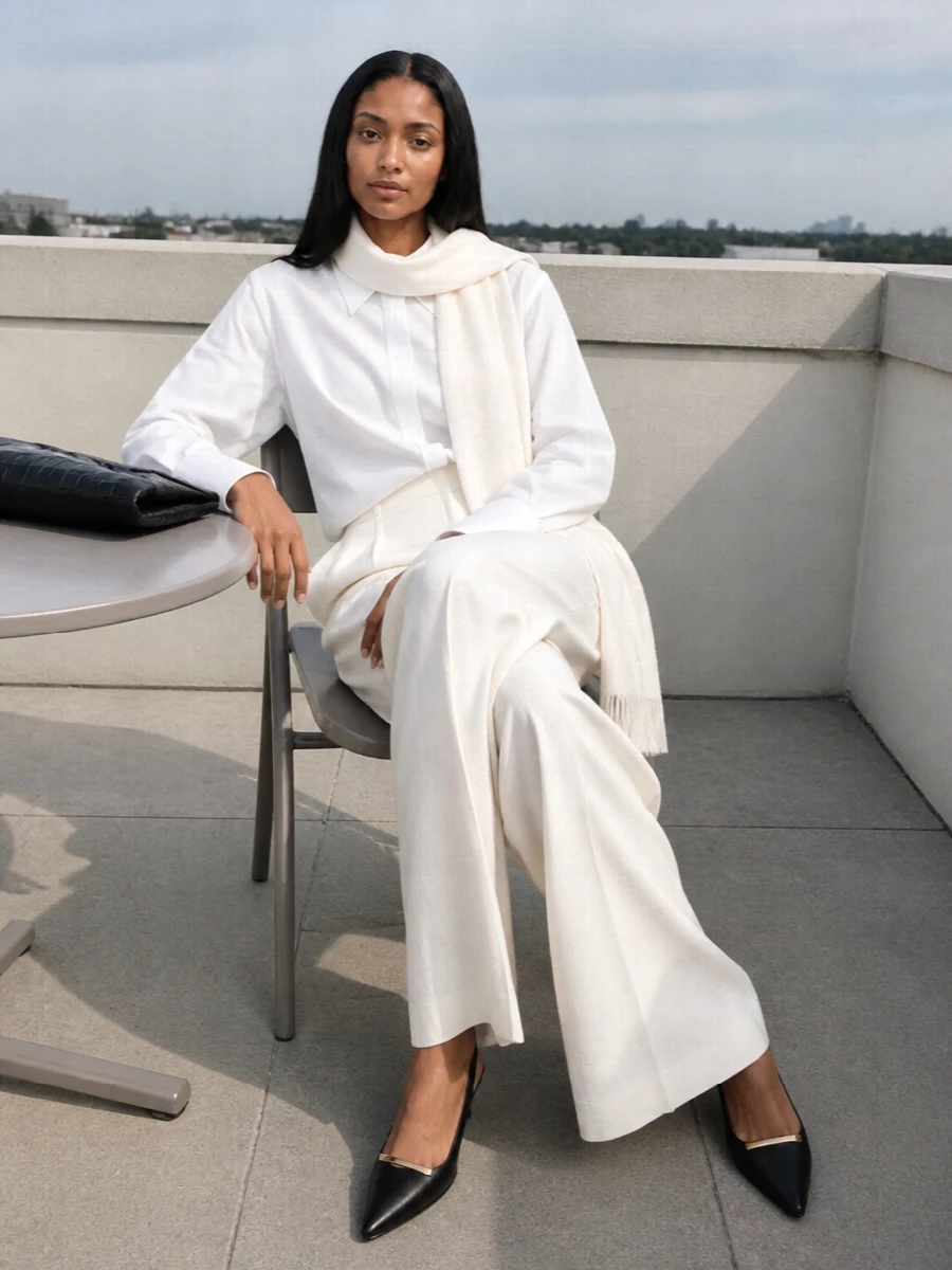 Toteme white shirt ivory wide leg trousers outfit