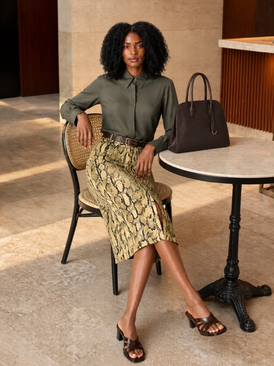 Dries van noten python skirt olive shirt outfit