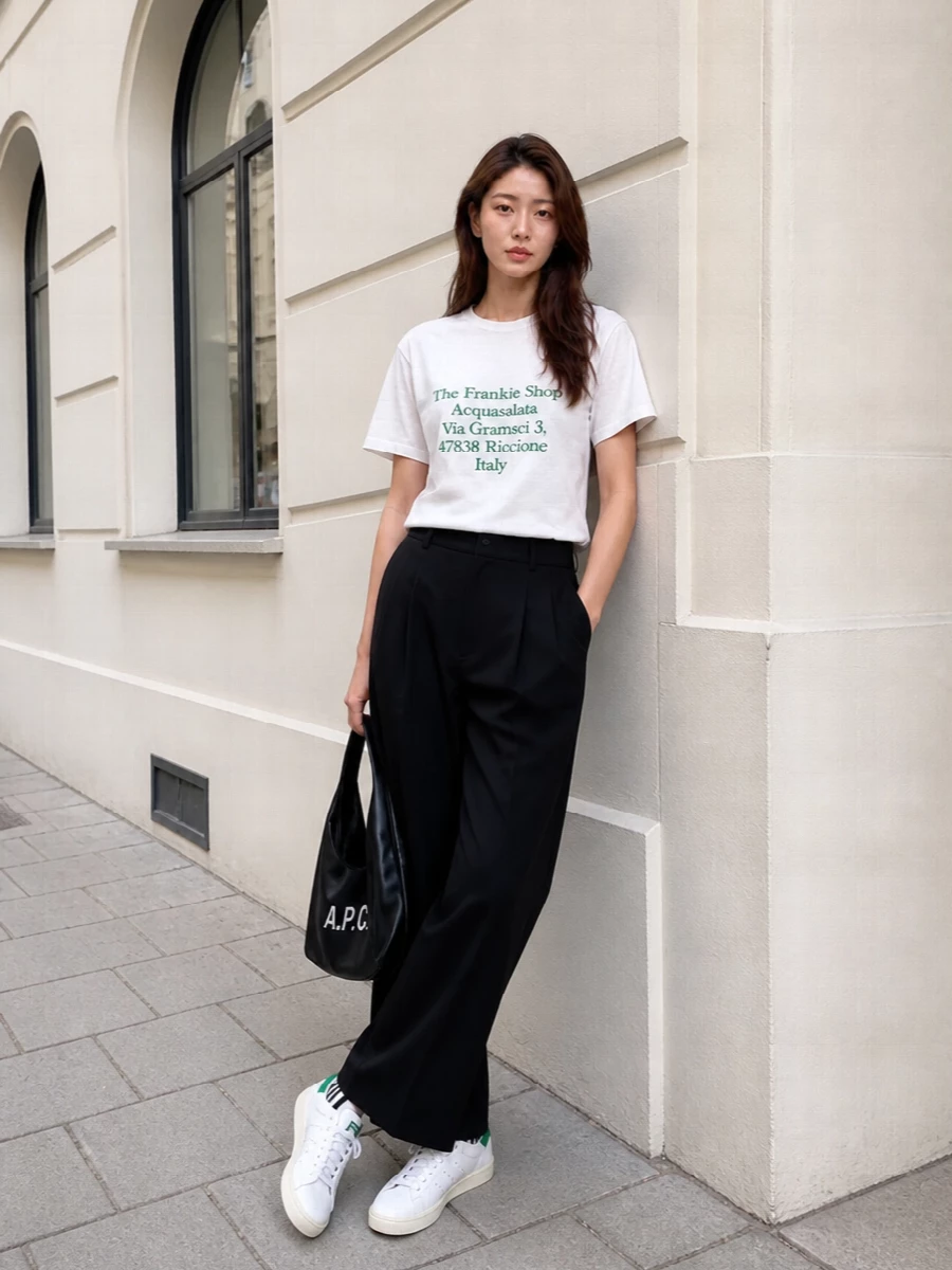 Frankie shop logo tee black wide leg trousers sneakers