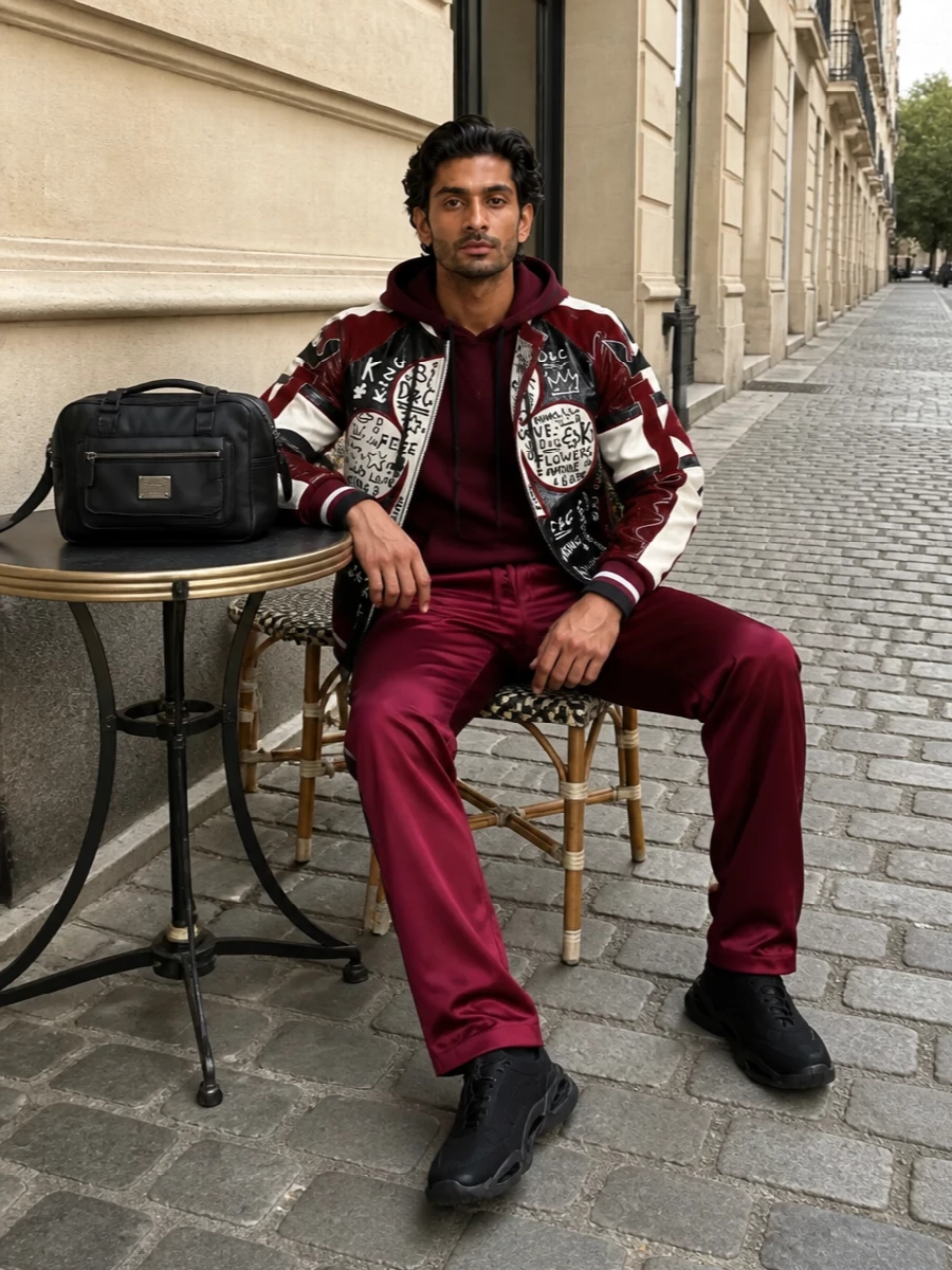 Dolce gabbana burgundy bomber satin pants outfit