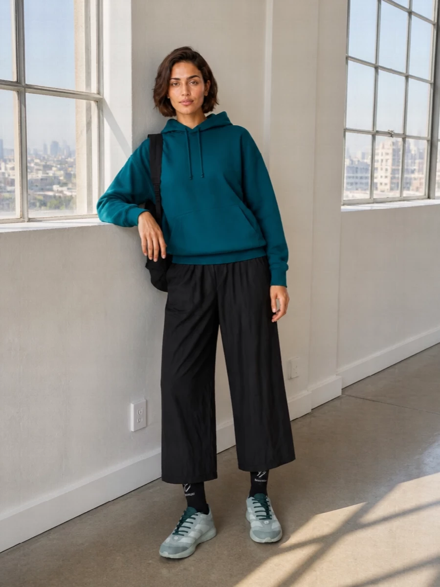Y3 teal hoodie black wide leg pants sneakers