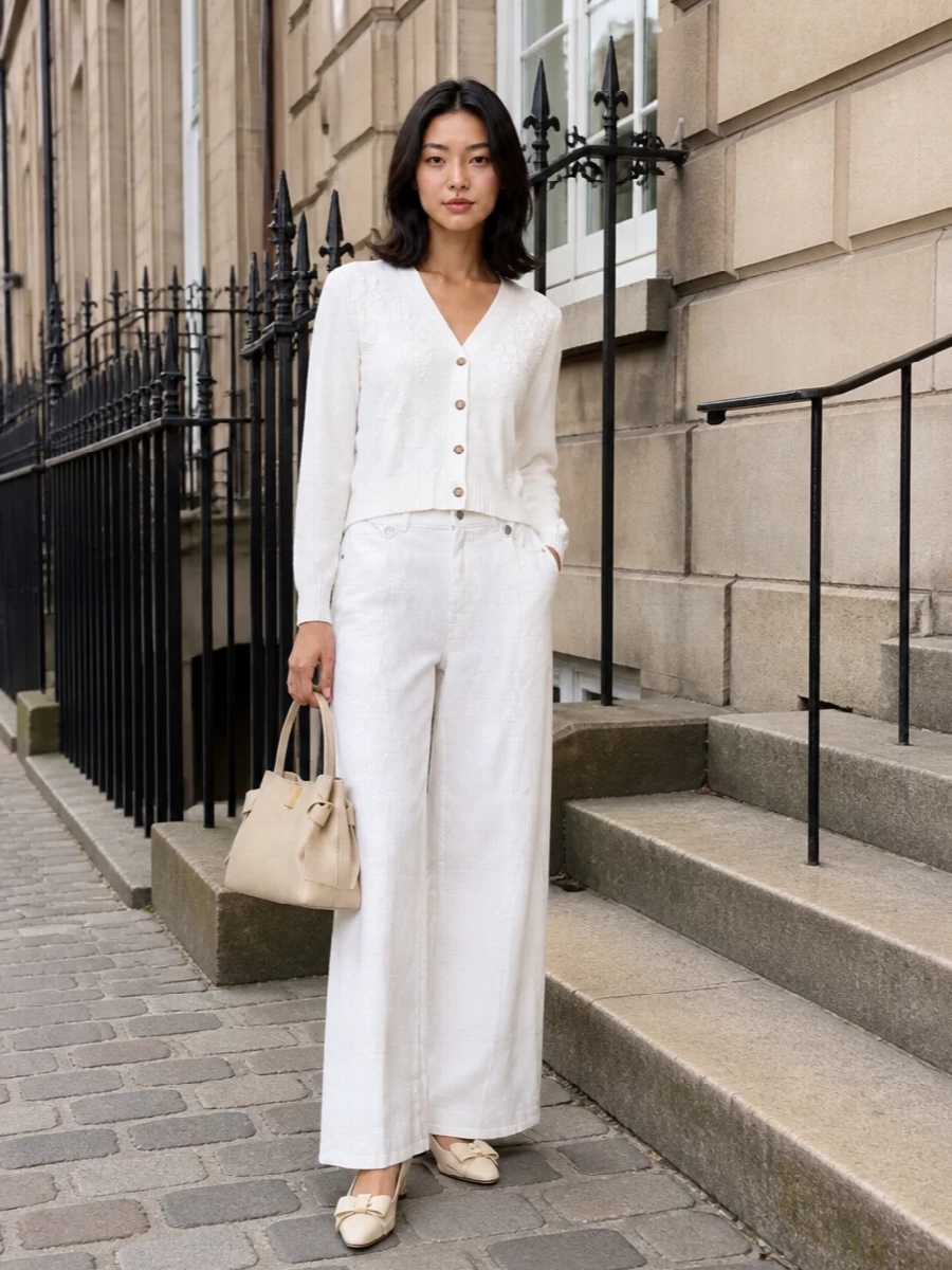 Ermanno firenze white cardigan wide leg trousers