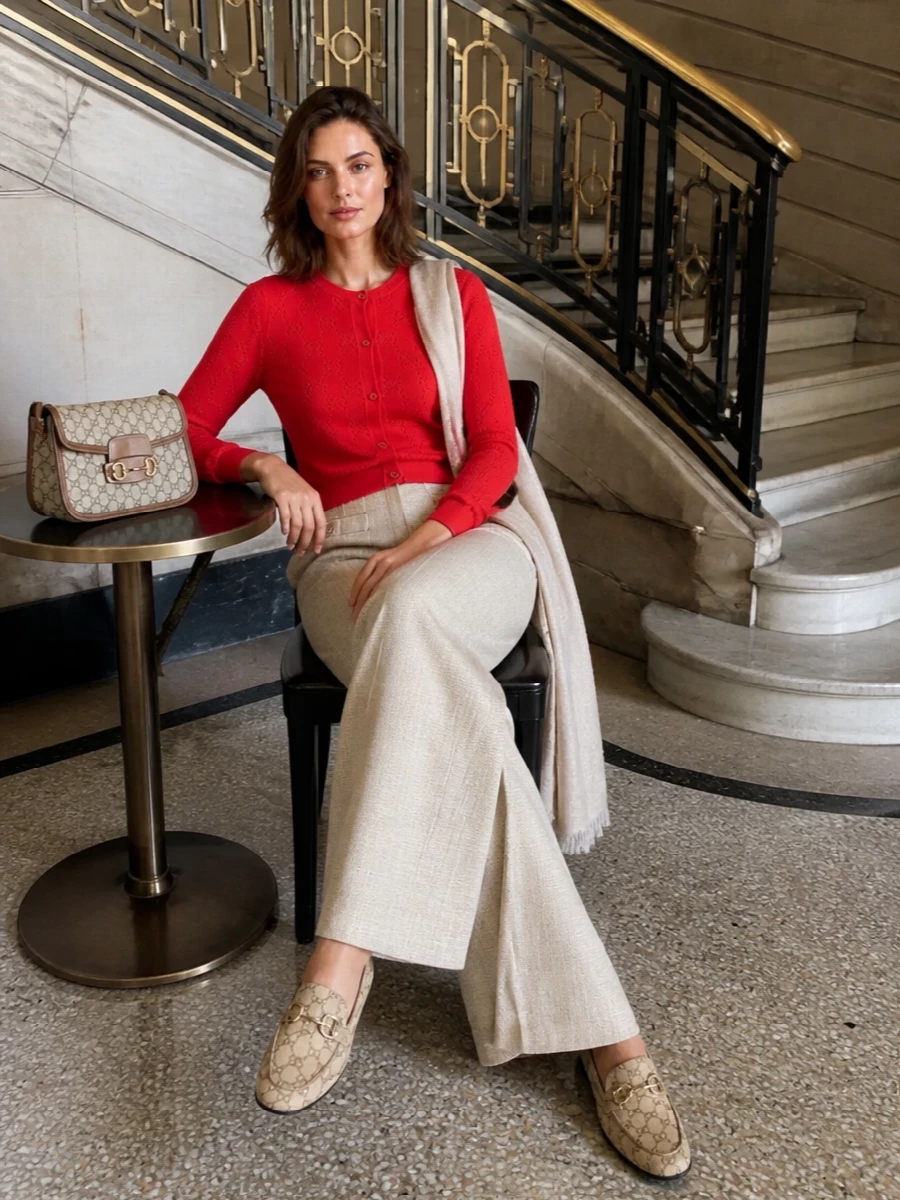 Gucci red cardigan beige wide leg trousers outfit