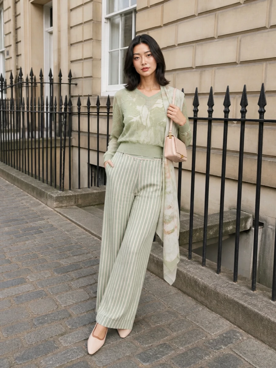 Sage-on-sage tailoring keeps this outfit soft but precise, with the cropped floral knit meeting the elongated drape of striped wide-leg trousers. Blush accents at the shoe and bag add a gentle warmth, keeping the palette romantic while the lines stay clean and modern. A diaphanous floral scarf finishes the story with a barely-there layer of texture and print echoing the knit.