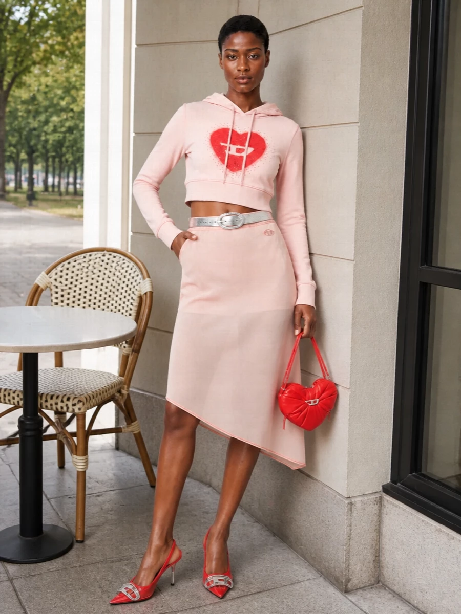 Diesel heart hoodie blush midi skirt red heels