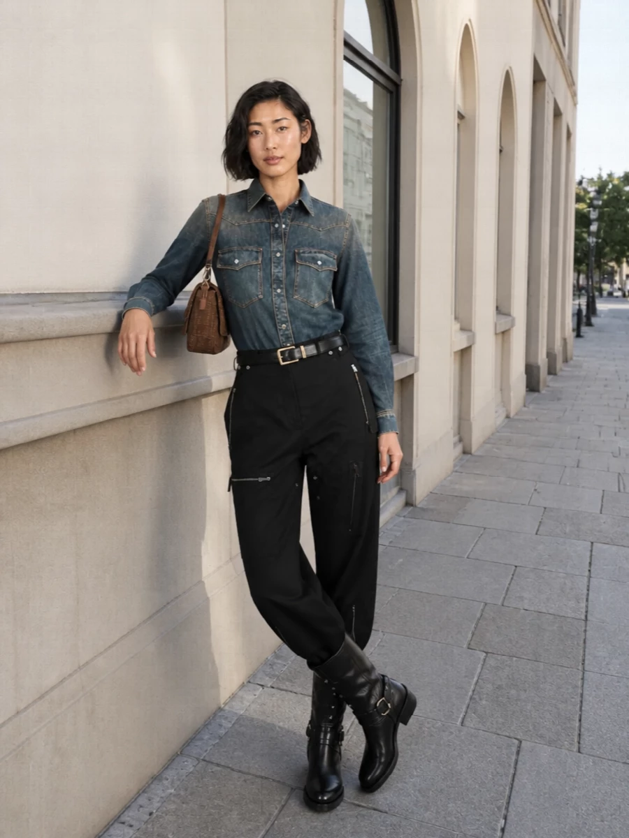 Fendi denim shirt black cargo trousers outfit