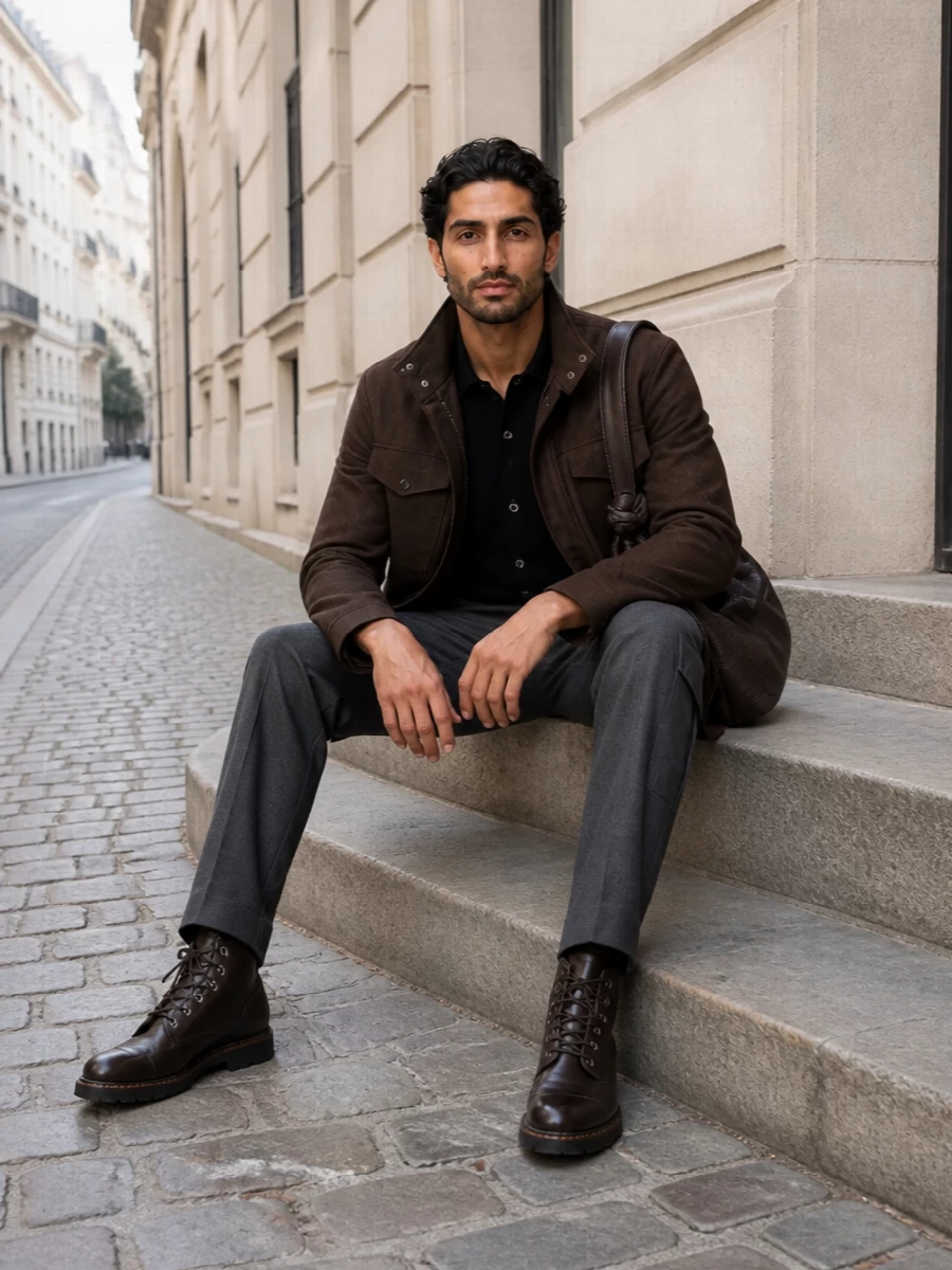 Lardini field jacket charcoal trousers brown boots