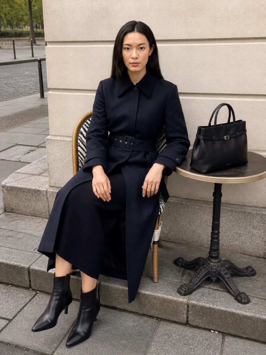 I’m styling this as a dress-and-coat story rather than shirt and trouser, because the trench really comes alive over a clean navy column. The fitted Fabiana Filippi midi, sharp Totême ankle boots and structured Manu Atelier tote create a precise, elongated silhouette that feels quietly powerful from client meetings to late reservations. Head-to-toe deep neutrals keep the focus on cut and proportion rather than contrast.