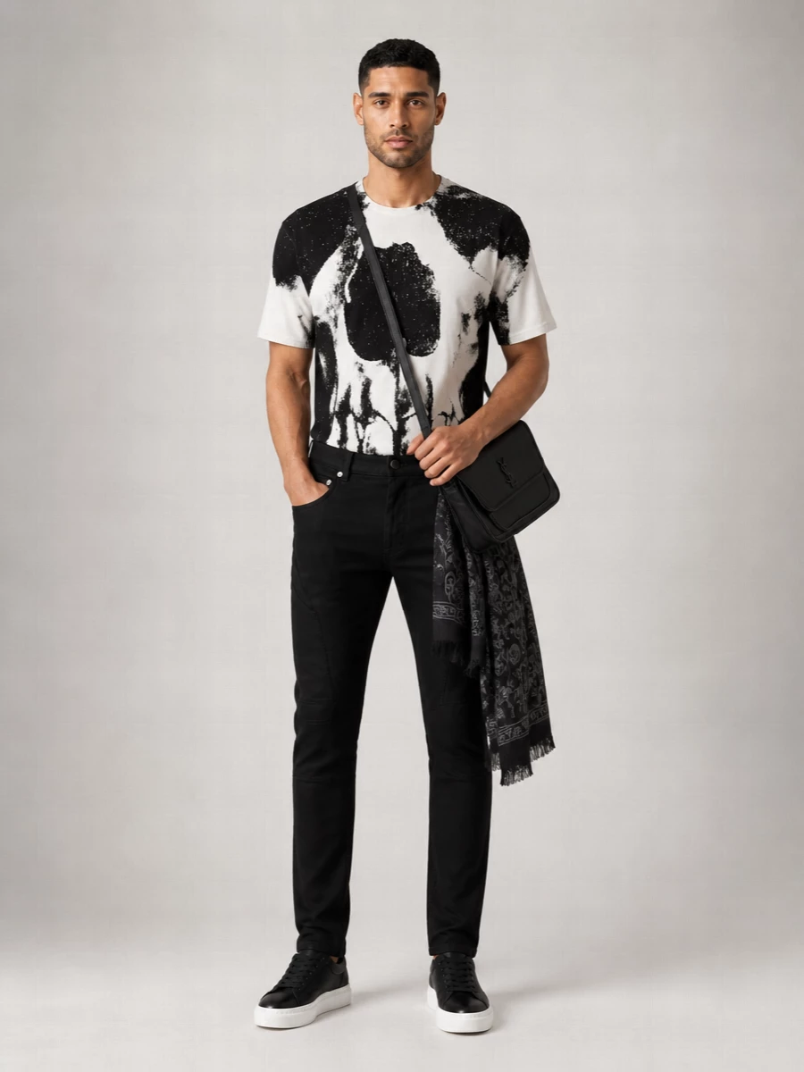 Mc Queen Cotton Skull Print Crew Neck Short Sleeve T-Shirt