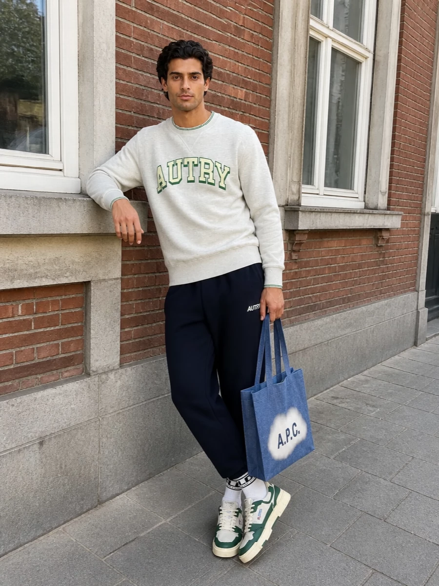 Autry sweatshirt navy joggers retro sneakers