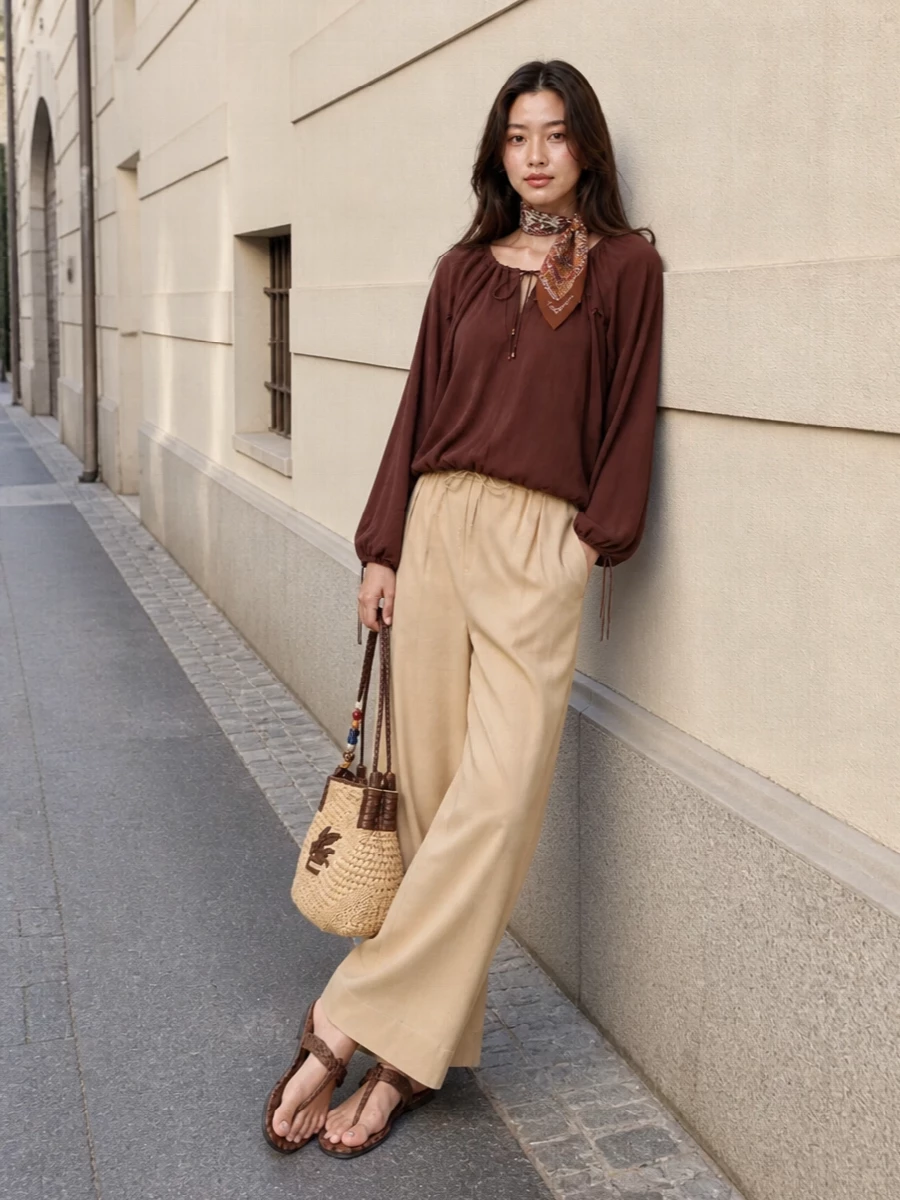 Loewe peasant blouse wide leg pants prada sandals